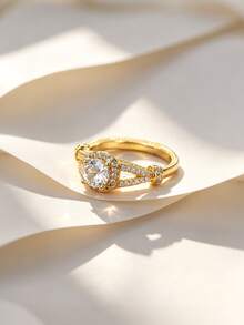 Charm-In 18K Gold Plated Vintage Style Halo Ring | Round Cut Cubic Zirconia Solitaire With Split Shank | Perfect For Engagement And Promise Gifts - Gold - View 4