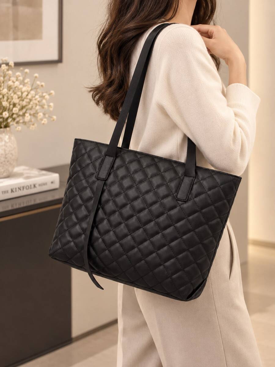 1pc Women's Quilted Diamond Tote Bag, Large Capacity Commuter Shoulder Bag, Minimalist Elegant Black Daily Handbag - M591 - View 1