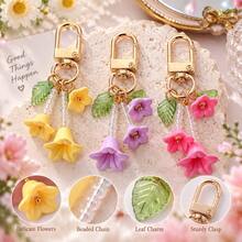 1pc Macaron Color Lily Of The Valley Keychain, Beaded Bell Flower Bag Charm With Gold Rotating Clasp, Floral Pendant, Suitable For Handbags, Backpacks And Keys - Quantity - View 5