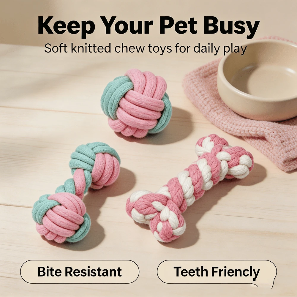 3 Packs Dog Rope Chew Toys, Cute Color Knotted Cotton Toy Set, Bite Resistant Teeth Cleaning Interactive Puppy Toys For Small Medium Dogs, Tug Of War Pet Play Toys - Multicolor - View 1