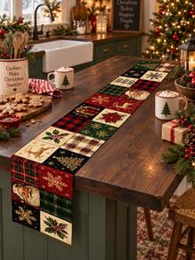 1pc Christmas Table Runner, Santa Claus Reindeer Buffalo Plaid Snowflake Holly Poinsettia Patchwork Print Linen Look Dining Runner, Vintage Christmas Decorations For Home, Farmhouse Kitchen Decor, Holiday Party Table Room Decor - Multicolor - View 8