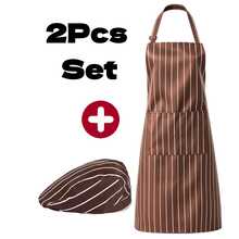 Conjunto de 2 piezas de gorro de chef y delantal con patrones mixtos, delantal de chef ajustable con múltiples patrones y gorro, conjunto de delantal con tirantes y bolsillos grandes - Blanco - Ver 12