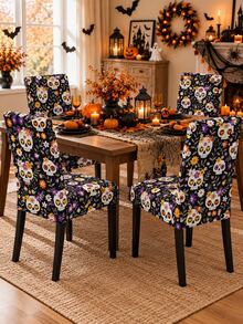 1/2/4pcs Printed Milk Silk High Back Chair Cover, Polyester Fiber Elastic All-Season Universal One-Piece Removable Washable Living Room Dining Room Bedroom Autumn Halloween Decoration Home Chair Cover - Multicolor - View 8