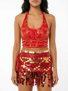 Bohemian Sequin Embroidered Chest Piece, Coin Tassel Hem & Round Sequins Tassel Hip Scarf, Exotic Body Accessory For Vacation Carnival (Multiple Colors Available) - Multicolor - View 1