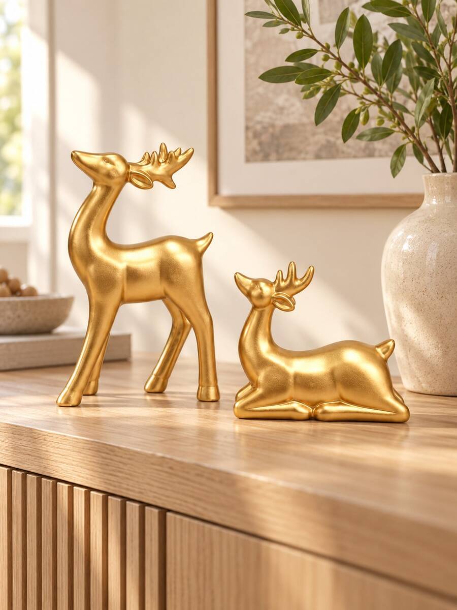2PCS Gold Reindeer Figurines, Elegant Christmas Deer Statues, Holiday Tabletop Decorations For Fireplace Mantel, Living Room, Shelf, Entryway, Dining Table, Christmas Home Decor & Gift - Selected Items - View 1