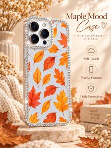 A Diamond-Encrusted Border Autumn Maple Leaf Phone Case With Transparent Rhinestone Decorations, Featuring An Orange-Yellow-Red Gradient Maple Leaf Design. This Lightweight, Luxurious, Full-Wrap, Drop-Proof Soft Case Is Compatible With Iphone 18, 17, 16, 15, 14, 13, 12, 11/Pro/ProMax - Clear - View 5