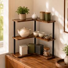 Maximize Your Unused Corner Space With This 3-Tier L-Shaped Storage Rack. Equal-Length Arms Naturally Fit 90° Corners, And 3-Tier Open Walnut-Toned Shelves Increase Vertical Storage Space Without Obstructing Surrounding Areas. The Slim Black Iron Frame Creates A Light And Modern Appearance, With Rounded Outer Edges Softening The Overall Look. Perfect For Kitchen Countertop Storage Of Spices And Mugs - Multicolor - View 4