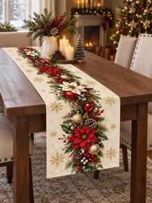 1pc Christmas Linen Table Runner, Red & White Color Scheme With Holly Berry, Pine Cone And Snowflake Decor, Suitable For Holiday Dining, Kitchen, Farmhouse Style Christmas Party - Multicolor - View 7