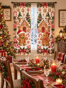 3pcs Gingerbread Christmas Window Curtain Set With Valance, Candy Cane Gingerbread House Peppermint Tree Bow Print Polyester Curtains, Sweet Christmas Decorations For Home, Kitchen Living Room Holiday Decor - E - View 4