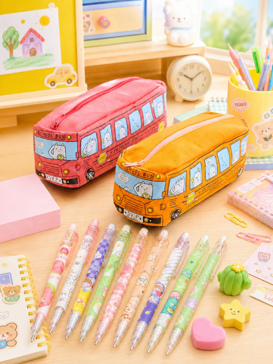 1pc Kids Cute Bus Canvas Pencil Case,With 2Pcs Random Mechanical Pencils,High Capacity Cartoon Car Pouch,School Stationery Storage Bag,Back To School - Multicolor - View 1