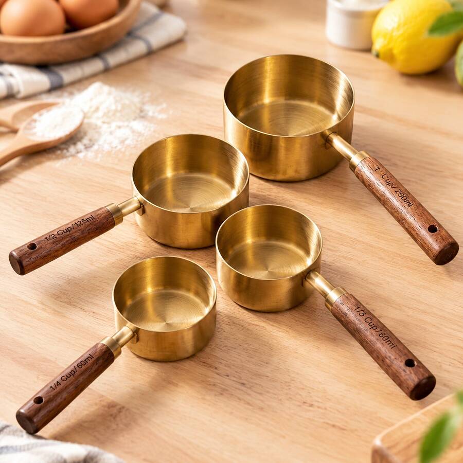 Multi-Piece Set Wooden Handle Stainless Steel Gold-Plated Measuring Cups And Spoons - Brown - View 1