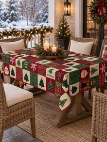 1pc Christmas Plaid Patchwork Polyester Tablecloth, Christmas Tree & Snowflake Decor Table Cover, Suitable For Round And Square Tables, Vintage Holiday Kitchen Dining Room Farmhouse Style Home Decor - Multicolor - View 4