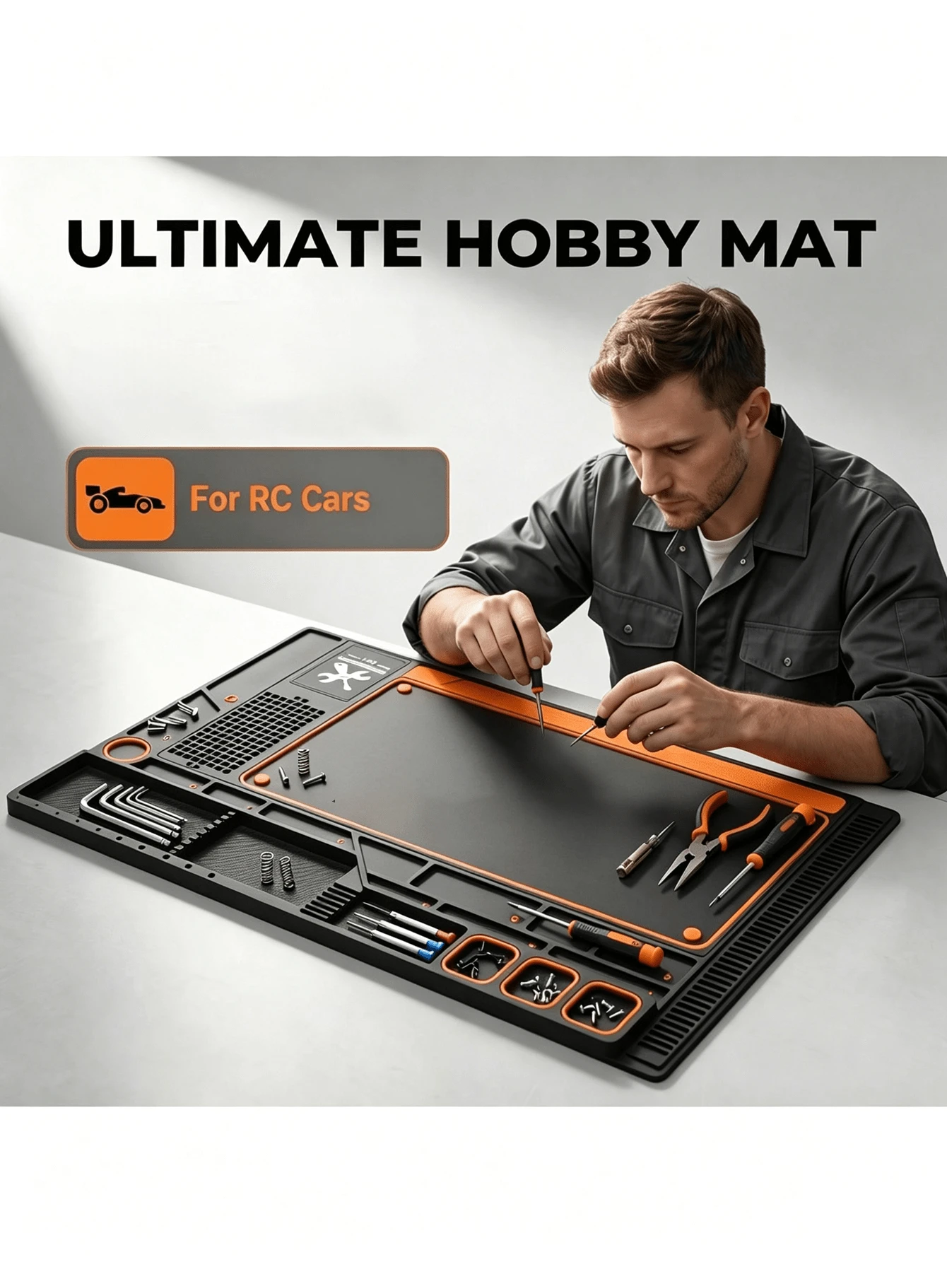 Modular Hobby Workbench Mat, Suitable For RC Cars And Electronics - Premium Anti-Slip Desk Mat With Parts Sorting Tray