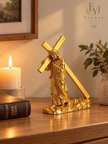 1PC Gold Jesus Carrying Cross Statue, 10cm Christian Religious Figurine, Metallic Faith Home Decor Sculpture For Prayer Room, Shelf, Desk, Bedroom, Church, Easter Christmas Gift - Jesus Cross - View 3