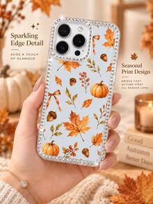1pc Transparent Rhinestone Frame Autumn Pumpkin Maple Leaf Phone Case, Watercolor Acorn Berry Bow Transparent Full Coverage Anti-Fall Soft Protective Cover For IPhone18 17 16 15 14 13 12 11 Pro Max, - Clear - View 10