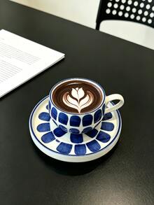現代北歐藝術克萊因藍幾何杯組,手繪拱形圖案圓腹咖啡杯附印花托盤,極簡藝術風廚房餐具禮品 - 彩色 - 查看 5