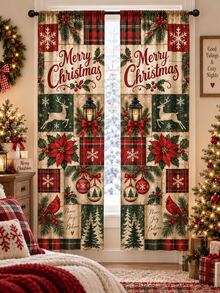 Christmas Window Curtain Set, Reindeer Snowman Gingerbread Winter Village & Vintage Patchwork Printed Polyester Curtains With Festive Holiday Designs, Christmas Decorations For Home, Living Room Bedroom Kitchen Room Decor - A - View 31