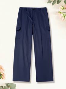 Straight-Leg Casual Pants For Women, All-Season Loose Slimming Wide-Leg Trousers, Draped Commuter Pants, Versatile For Outer Wear - Navy Blue - View 3