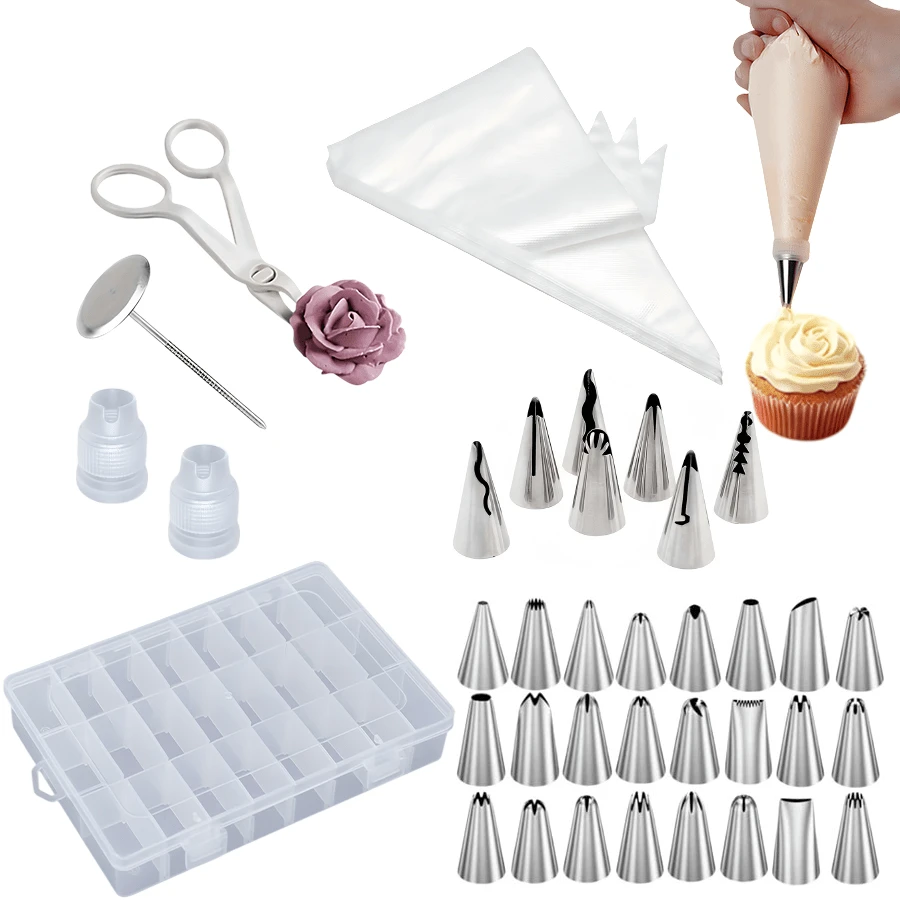 85pcs Cake Decorating Tools, Includes 50 Thickened Piping Bags, 31 Piping Tips, 2 Couplers, Piping Nails, Piping Scissors And Other Piping Tools, With Storage Box, Suitable For Home Baking, Butter Cream Frosting DIY