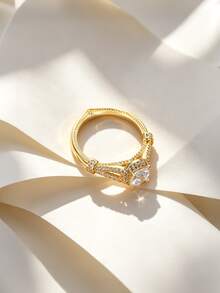 Charm-In 18K Gold Plated Vintage Style Halo Ring | Round Cut Cubic Zirconia Solitaire With Split Shank | Perfect For Engagement And Promise Gifts - Gold - View 3