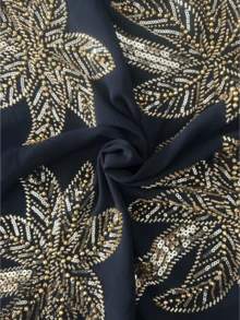 Luxury Sequin Palm Tree Embroidered High Neck Batwing Sleeve Kaftan Women's Long Robe Middle Eastern Style Banquet Dress - Black Gold - View 7