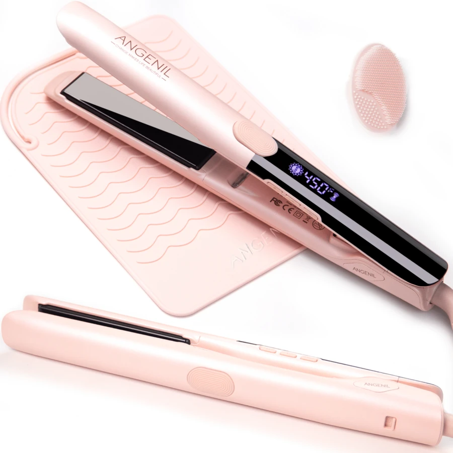 ANGENIL Pro Titanium Straightener For Women, Dual Voltage Straightener & Curler 2-In-1, 20s Fast Heating, Ionic Round Barrel Pink Travel Straightener With Heat-Resistant Mat