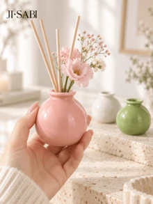 Ins Mini圓形亮面陶瓷香薰擴香瓶，2合1小型乾燥花花瓶，馬卡龍粉色白色綠色桌面香氛裝飾，適合臥室浴室禮物 - 小陶罐 - 查看 5
