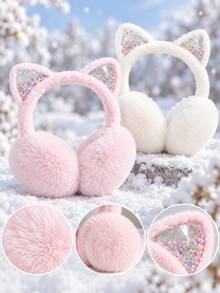 1pc Kids Pink Plush Foldable Ear Muffs With Cute Cat Ears And Tassels, Thickened Winter Ear Warmers, Suitable For Boys And Girls - Multicolor - View 3