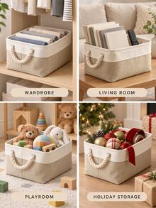 Modern Rectangular Foldable Fabric Storage Box With Contrast Color Panels, Reinforced Rims And Rope Handles, Stackable Organizer Bins For Clothing, Toys And Holiday Items, For Christmas Parties, Living Room, Bedroom, Nursery And Winter Home Use. - Multicolor - View 4