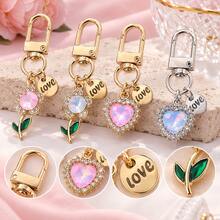1pc Y2K Style Faux Rhinestone Heart & Flower Keychain, Iridescent Bag Charm With LOVE Round Pendant And Gold/Silver Rotating Clasp, Suitable For Handbags And Keys, 4 Styles Available - Quantity - View 1
