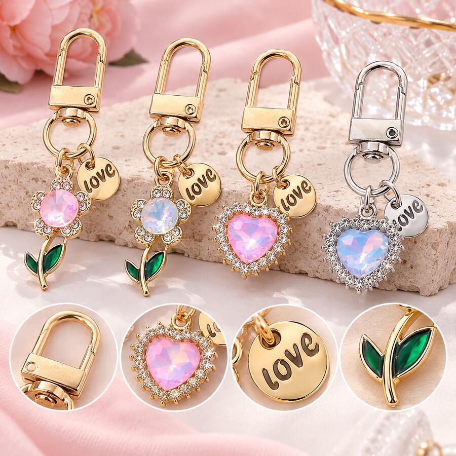1pc Y2K Style Faux Rhinestone Heart & Flower Keychain, Iridescent Bag Charm With LOVE Round Pendant And Gold/Silver Rotating Clasp, Suitable For Handbags And Keys, 4 Styles Available - Quantity - View 1
