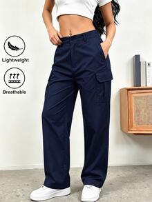 Straight-Leg Casual Pants For Women, All-Season Loose Slimming Wide-Leg Trousers, Draped Commuter Pants, Versatile For Outer Wear - Navy Blue - View 2