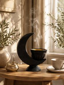 1pc Crescent Moon Incense Burner, Modern Black & White Resin Incense Holder With Gold Bowl, Ramadan Decoration, Eid Home Decor, Bohemian Wabi-Sabi Style Living Room Bedroom Meditation Yoga Shelf Desktop Ornament, Housewarming Gift, Aesthetic Decor - B - View 7