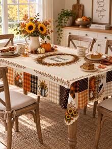 Autumn Pumpkin Patchwork Tablecloth, Hello Fall, Welcome Fall, Harvest Blessings Theme Prints, Sunflower Pumpkin Maple Leaf Plaid Patchwork Design, Vintage Country Farmhouse Style Rectangular Dining Tablecloth, Suitable For Kitchen Dining Table, Family Gathering, Thanksgiving Party, Autumn Home Decor - Multicolor - View 10