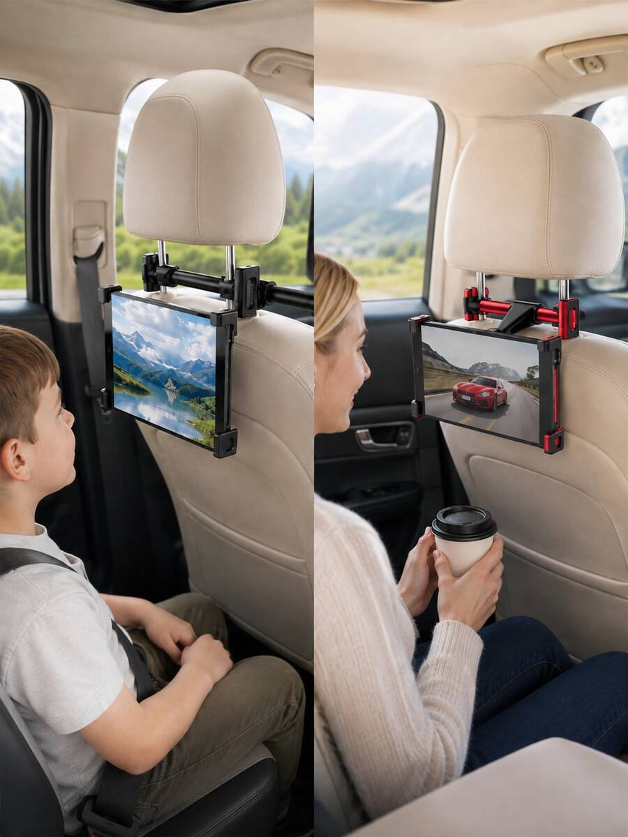 Car Headrest Tablet Holder, 360° Rotating Adjustable Back Seat Mount, Foldable Telescopic Tablet Bracket With Spring Clip, Suitable For 14-26cm Phones And Tablets, 14-18cm Headrest Bar Spacing, Hands-Free Back Seat Entertainment For Road Trips