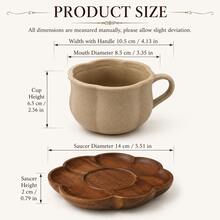 WGROOM 2pcs/Set (1 Cup + 1 Saucer) Rustic Ceramic Coffee Cup With Flower-Shaped Wooden Tray, Petal-Edged Tea Cup, Suitable For Home, Cafe, Breakfast And Afternoon Tea - Multicolor - View 5