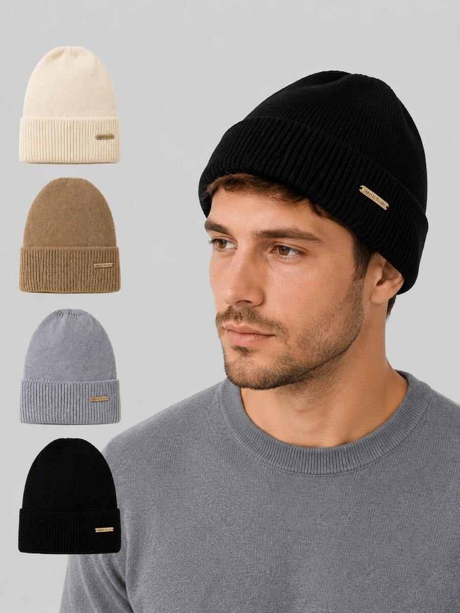 Men's Autumn/Winter Warm Knitted Beanie Hat With Folded Cuff, Metal Logo Decor, Simple Versatile Pullover Cap, Suitable For Daily Commute And Outdoor Wear - Knitted Hat - View 1