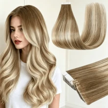 Extensões de cabelo com fita adesiva, 1 unidade, 20 unidades, 18-24 polegadas, cabelo humano natural e liso para mulheres, aplicação sem costura, fita dupla face para aplicação na pele. - P18/613 - Ver 2