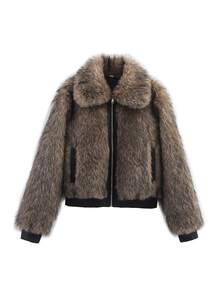 Women's Slim Fit Faux Fur Coat, Winter Zipper Street Style Jacket With Large Collar And Pockets - Sepia - View 6