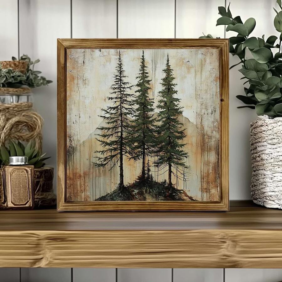 2D Flat, Vintage Rustic Wooden Decorative Sign & Plaque - Pine Tree Landscape Design, Home Decor, Suitable For Living Room, Bedroom, Bathroom -, Bedroom Decoration - Multicolor - View 1
