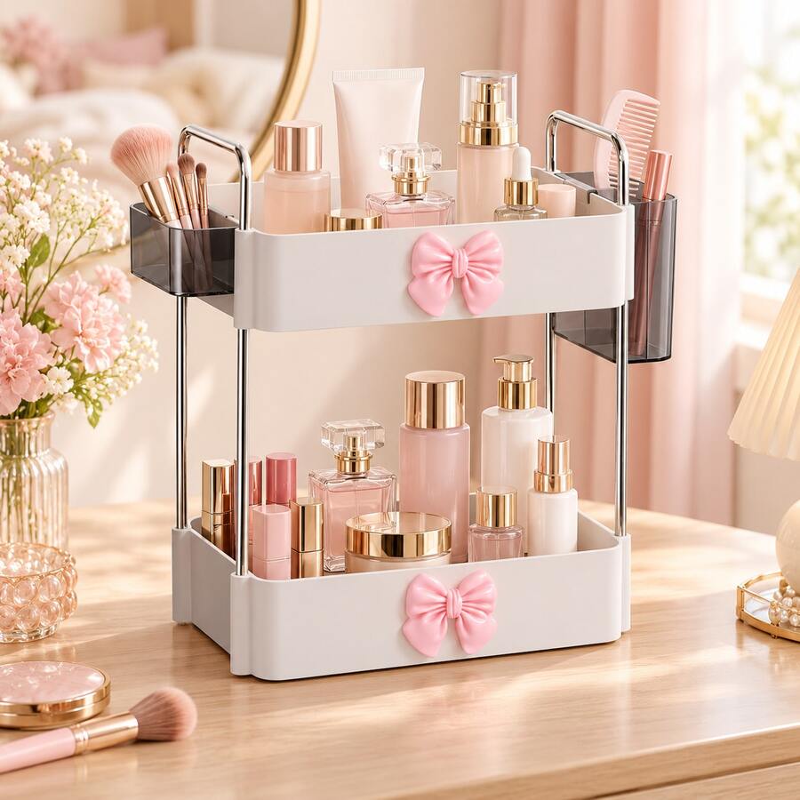 2‑Tier Makeup Organizer With Bow Decoration, Multi‑Functional Plastic Bathroom Storage Box, Countertop Organizer For Sink, Vanity And Cabinet, Compact Space‑Saving Design, Exquisite Bow Detail, Holiday & Birthday Gift, Decorative Bathroom Ornament - Multicolor - View 1