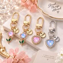 1pc Y2K Style Faux Rhinestone Heart & Flower Keychain, Iridescent Bag Charm With LOVE Round Pendant And Gold/Silver Rotating Clasp, Suitable For Handbags And Keys, 4 Styles Available - Quantity - View 6