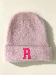 1pc Pink Floral Letter Print Beanie, Ribbed Knit Winter Hat,Cold Weather Headwear, Y2K Cute Warm Skull Cap For Women - Pink - View 11