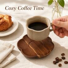WGROOM 2pcs/Set (1 Cup + 1 Saucer) Rustic Ceramic Coffee Cup With Flower-Shaped Wooden Tray, Petal-Edged Tea Cup, Suitable For Home, Cafe, Breakfast And Afternoon Tea - Multicolor - View 1