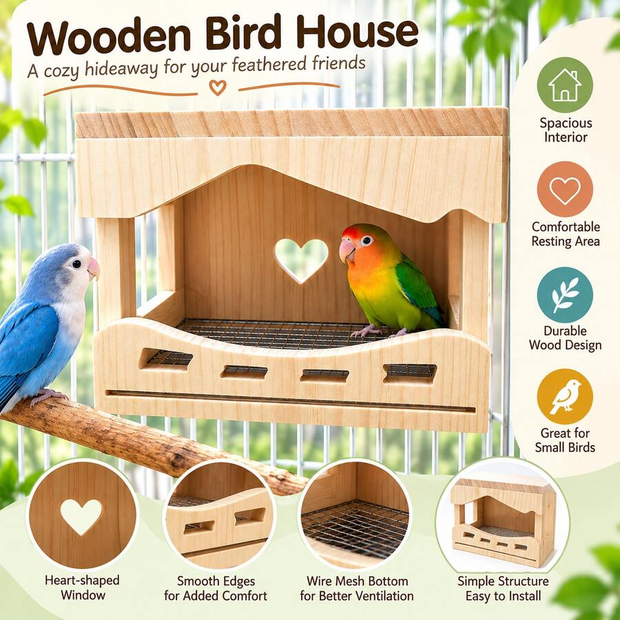 1pc Wooden Bird Hideout, Hanging Bird Resting Shelter With Metal Perch Platform, Parrot Cage Accessory, Suitable For Lovebirds, Cockatiels, Parakeets, Long-Tailed Parrots, Comfortable Resting Space With Spacious Interior And Side-Opening Door Design - View 1