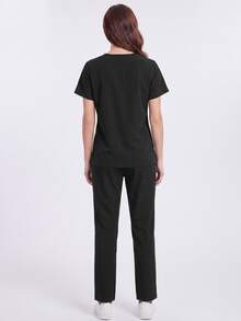 Solid Color V-Neck Short Sleeve Top And Elastic Waist Multi-Pocket Scrub Pants Scrub Uniform Set - Black - View 5