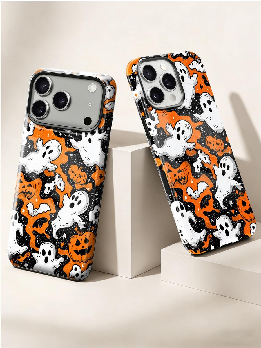 1pc Cartoon Halloween Print, Cute White Ghost, Pumpkin Head, Bat, Black & Orange Contrast Asymmetrical Pattern Fashionable Personalized Design Phone Case, Glossy Full Coverage 2-In-1 Phone Shell Compatible With Apple 18 Pro Max/17 Pro Max/11/12/12 Pro Max/13/13 Pro Max/14 Pro Max/15 Pro Max/16 Pro Max And Other Models. Elegant Design Unisex, Perfect Birthday, Anniversary Gift For Christmas, Valentine's Day, Easter, Wedding Season. - Multicolor - View 1