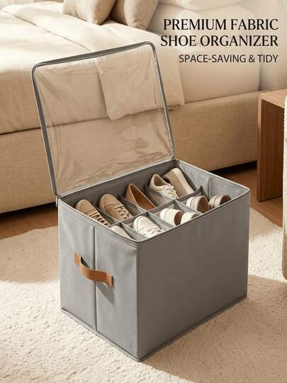 Compartment Oxford Cloth Shoe Storage Box, Minimalist Gray With Faux Leather Handle, Transparent Flip Lid, Large Capacity Foldable Design, Dust-Proof And Moisture-Proof, Wardrobe Bedroom Sneakers And Boots Organizer Storage Box