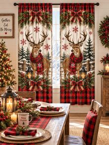 Christmas Window Curtain Set, Reindeer Snowman Gingerbread Winter Village & Vintage Patchwork Printed Polyester Curtains With Festive Holiday Designs, Christmas Decorations For Home, Living Room Bedroom Kitchen Room Decor - A - View 27