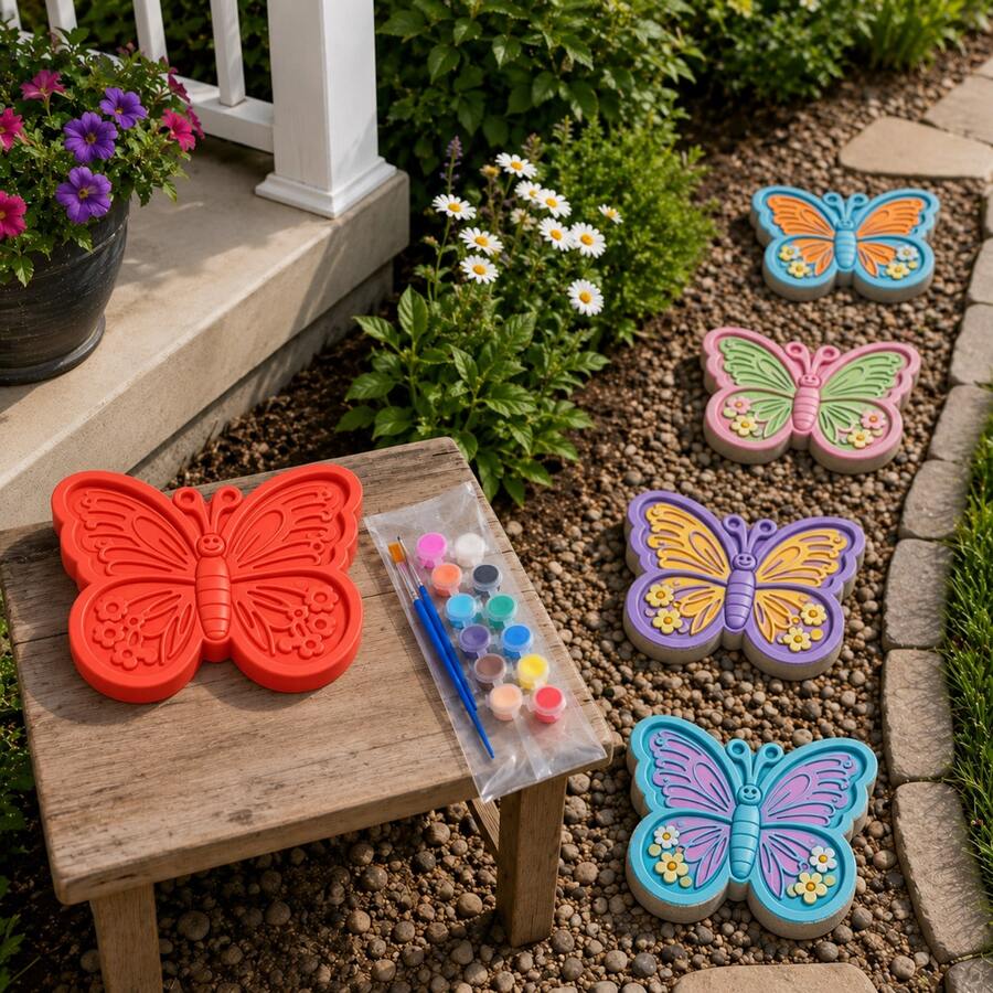 1pc DIY Sunflower & Butterfly Cement Stepping Stone Mold, Includes 12-Color Paint Set, Reusable Garden Path Stone Making & Lawn Art Decor Tool - A - View 1